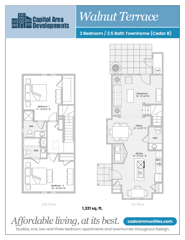 Floor plan for 2 beds, 2.5 baths, 1321 sqft